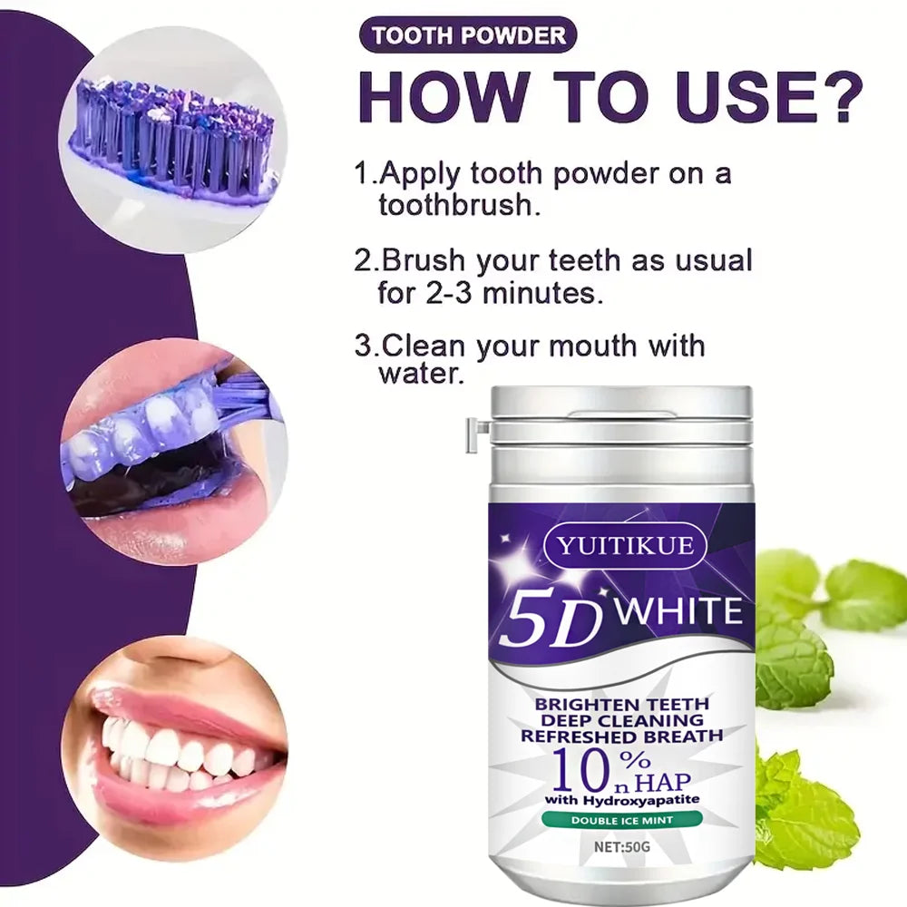 50g Whitening Tooth Powder, Purple Teeth Bleach, Oral Care, Removes Dental Stains, Cleans and Freshens Breath