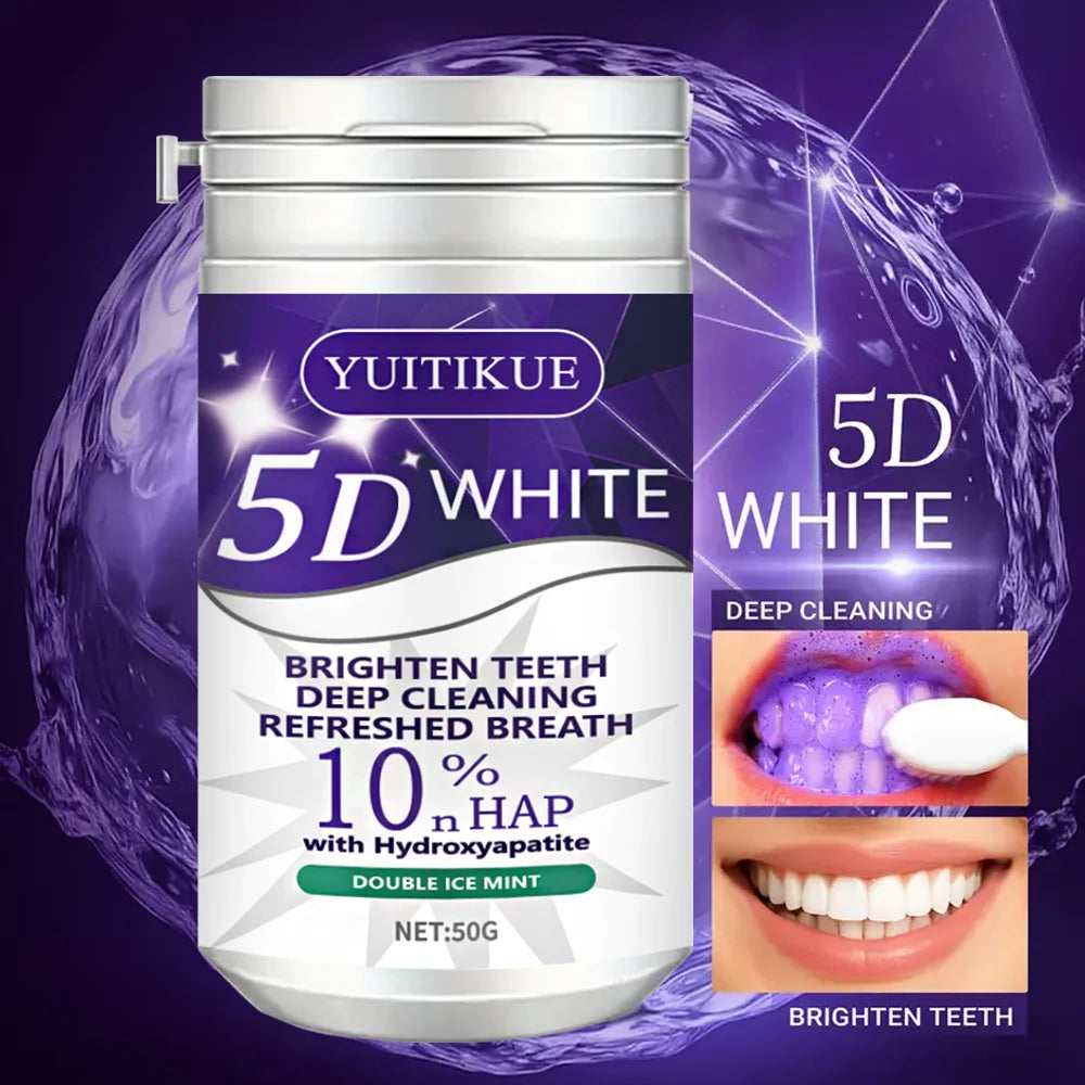 50g Whitening Tooth Powder, Purple Teeth Bleach, Oral Care, Removes Dental Stains, Cleans and Freshens Breath