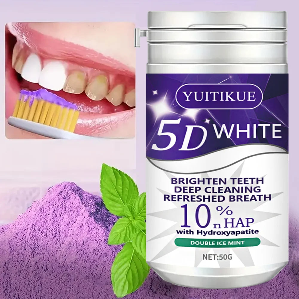 50g Whitening Tooth Powder, Purple Teeth Bleach, Oral Care, Removes Dental Stains, Cleans and Freshens Breath